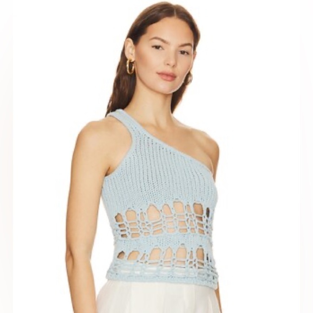 Lovers + Friends LUCA One Shoulder Knit Crochet Sexy Crop Top Boho Blue Womens L